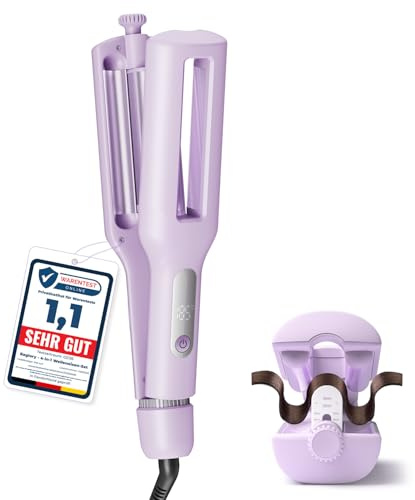 4 In 1 Einstellbar Welleneisen für Haare, Beach Waves Lockenstab, Lila | 22/25/32/38mm Beach Waves Welleneisen, 3 Fässer Lockeneisen mit Anzeige, Verbrennungsschutz, 30S Schnelle Heizung, 140-210°C