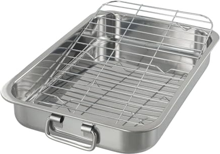NEIQIUWING Plaque de cuisson en acier inoxydable avec grille de cuisson - 25 x 18 x 5 cm à 39 x 28 x 6 cm - Sans miroir - Qualité alimentaire - Pour four et barbecue