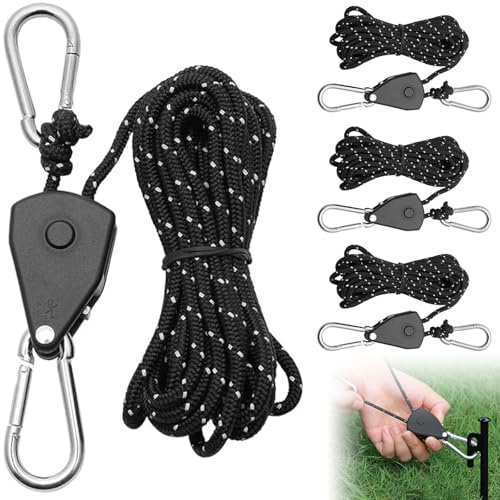 4 Stück Verstellbarer Seil Ratsche, 4m Abspannseile mit Seilspanner, Einstellbare Seilratsche mit Haken, Reflektierende Abspannseile für Campingzelte und Sonnenschirme
