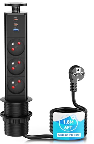 Prise Encastrable Plan de Travail Type E, Multiprise Escamotable 3 Prises Françaises avec USB-C1 PD 30W, USB-C2 15W et USB-A 15W, Bloc Prise de Table Ø60mm, 4000W/16A, Câble 1,8m, Noir