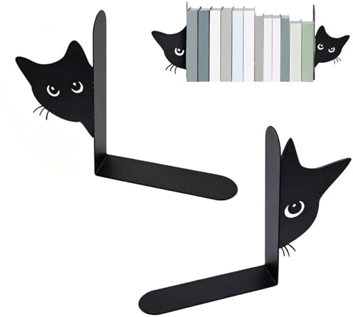 Novocloud Sujetalibros Gato Metal, Soporte para Libros Negro Gato Asomado Set Sujetalibros, Metal Decorativo Libros para Estantes Librerías Oficina y Escritorio Regalo Amantes los Gatos y los Libros