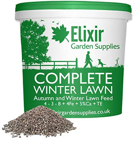 Elixir Gardens | COMPLETE WINTER LAWN Fertiliser Optimized For British Climate | Autumn and Winter Feed and Moss Treatment | 4-3-8 + 4Fe +Te | 1kg - 25kg Bags or Tubs | Treats 140sqm | 5kg Tub