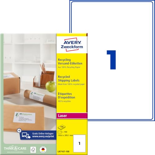 AVERY Zweckform LR7167-100 Recycling Etiketten (100 Versandetiketten, 199,6x289,1mm auf A4, 100% recyceltes Altpapier, bedruckbar, selbstklebend, für große Pakete und Päckchen) 100 Blatt, naturweiß