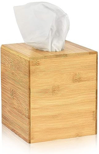 Alpine Industries Wooden Bamboo Square Tissue Box Cover - Eco Friendly Pull Cube Dispenser - Decorative Holder/Organizer for Bathroom, Office Desk & Car (Bamboo),405-BMB