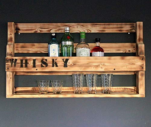 Whisky Regal aus Holz - mit Gläserhalter und WHISKY Schriftzug - Geflammt - Industrie Stil - fertig montiert - Wandbar - Whisky-Regal aus Holz