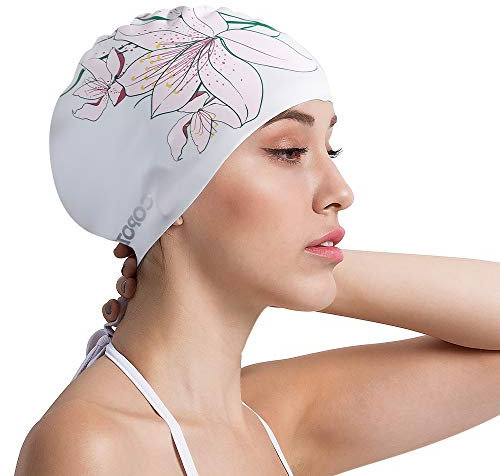 COPOZZ Erwachsene Badekappe, Unisex Wasserdicht Schwimmkappe für Herren Damen, Lange Haare Silikon Swimming Cap Bademütze für Männer Frauen (Blumen-Kirsche)