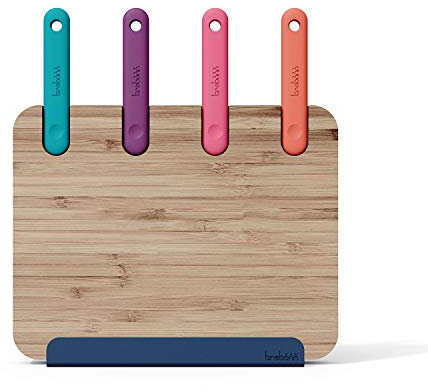 Trebonn 4-teiliges Set aus japanischen Edelstahl-Blockmessern mit Bambusblock, Smartphone-Halterung und Tablett und Bambus-Schneidebrett 30 x 20 cm, 1320109