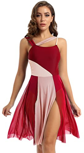 Oyolan Damen Ballettkleid Lange Tanzkleid Ärmellos Ballett Trikot mit Mesh Rock Frauen Turnanzug Elegant lyrischen Modern Tanz Kleider XS-XL