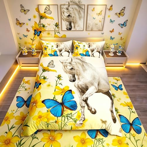 Set di biancheria da letto con stampa di cavalli per ragazze, farfalle girly e fiori di ciliegio, copripiumino per bambini, ragazzi e adolescenti, con fiori di animali selvatici, copripiumino a tema
