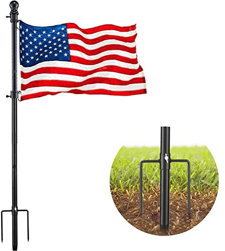 DonSail Schwarze Edelstahl-Fahnenmast für den Außenbereich – 2,4 m mit 2 Zinken Basis und 90 x 150 cm amerikanischer Flagge für Hof, Wohngewerbe