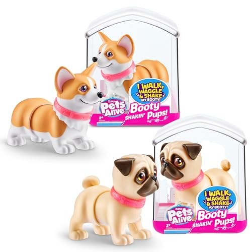 Pets Alive Booty Shakin' Pups (Corgi & Pug) by ZURU, Interactive Mini Dog Toys That Walk, Waggle, and Booty Shake, Electronic Puppy Toy for Kids and Girls (2 Pack)