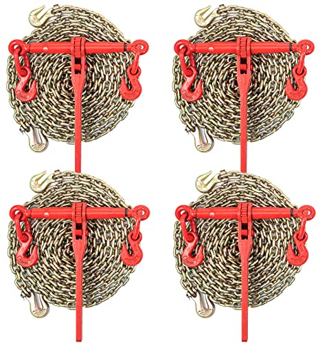 VEVOR Chain Load Binder, 5/16 Tie Down Kit w/ 7100LBS Working Load Capacity and Two Grab Hooks, Includes (4) Ratchet Binders - (4) 21' Grade 80 Chains, Transport Load Package for Hauling, Towing