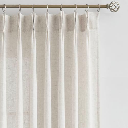 Vision Home Natural Pinch Pleated Semi Sheer Curtains Textured Linen Blended Light Filtering Window Curtains for Living Room Bedroom Pinch Pleat Drapes with Hooks 2 Panels 42 Wx63 L