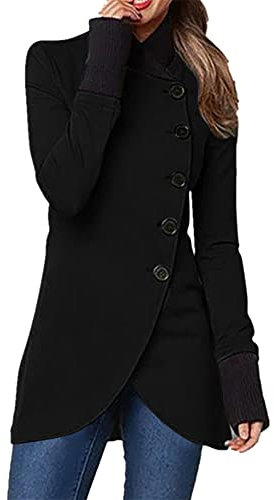 YMING Lady Casual High Neck Coat For Single Breasted Outwear Winter Vintage Warm Coat Blk L