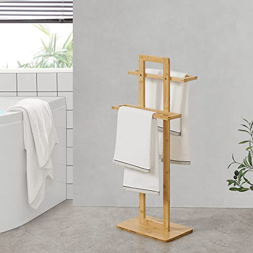 [en.casa] Porte-Serviette sur Pied Salle de Bain Autoportant Sèche-Serviette à 2 Niveaux Bambou 85 x 34 x 20 cm Naturel