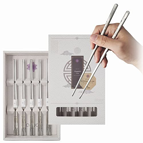 BALWOO Palillos planos coreanos [5 juegos] – Acero inoxidable de alta calidad, utensilio mukbang reutilizable, pintura de orquídeas