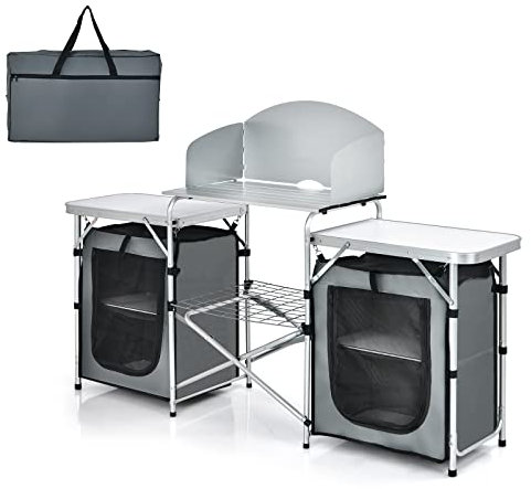 TANGZON Folding Camping Kitchen Table, Outdoor Portable Kitchen Storage Table with Windshield & Carry Bag, Mesh-Door Storage Cupboard for Picnic BBQ Party, 172 x 48 x 110cm (Grey + Silver)