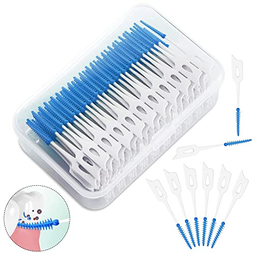 KIPTVO Interdental Brushes 200PCS Silicone Floss Sticks Blue Picks Interdental Brush Portable Oral Tooth Clean, for Oral Cleaning (Blue)