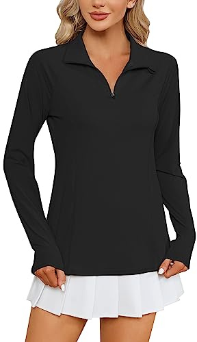 LOMON Womens Workout Tops Long Sleeve 1/4 Zip UV Sun Protection Quick Dry Hiking Athletic Shirts Rash Guard UPF50+（Black,S）