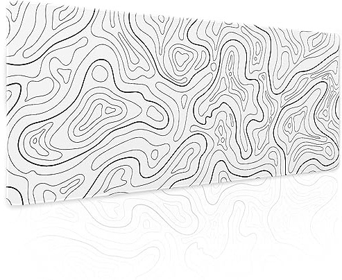 Vit topografisk kontur spelmusmatta XL geografiska kartlinjer minimalistisk utökad stor matta musmatta skrivbordsdyna halkfri gummibas sydd kant lång tangentbordsdyna för dator, 31,5 × 11,8 tum
