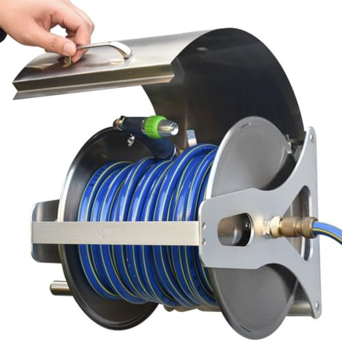 Schlauchtrommel Gartenschlauchwagen Für Den Außenbereich Mit Abdeckung, Kompakte Schlauchtrommel Zur Wandmontage, Lagerregal Für Edelstahlrohre, Zur Bewässerung (Color : Silver, S : Hose Cart+30m Pi