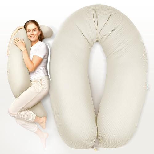 sei Design Stillkissen XXL Mikroperlen-Füllung mit Musselin-Bezug aus Baumwolle [100% Bio-Baumwolle ], Lagerungskissen Schwangerschaftskissen Seitenschläferkissen 190x35 cm groß