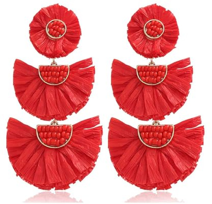 TOFBS Rattan Perlen Ohrringe für Damen - Modische Retro Strohohrringe Mit Fransen Tropfen - Handgemachte Böhmische Schmuck