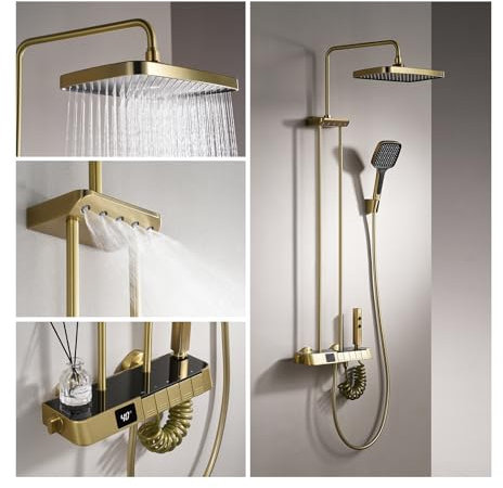 Duschsystem mit Thermostat Gebürstetes Gold, Mischbatterie Duschset Duschsäuleset mit Digitalanzeige, Regendusche aus Messing, 30cm Kopfbrause, Handbrause mit 3 Strahlstärken, Schulterbrause