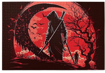 HERRECX 1000 Piece Jigsaw Puzzle Sickle Grim Reaper Skull Night Moon red Wood Puzzle for Adults Teens Family Game Educational Toys Gifts