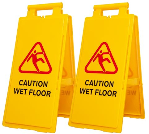 Set di 2 cartelli di avvertimento per pavimenti bagnati con scritta Caution Wet Floor, colore giallo, segnale di avvertimento per pavimenti bagnati su due lati, pieghevole, tipo A, autoportante, per