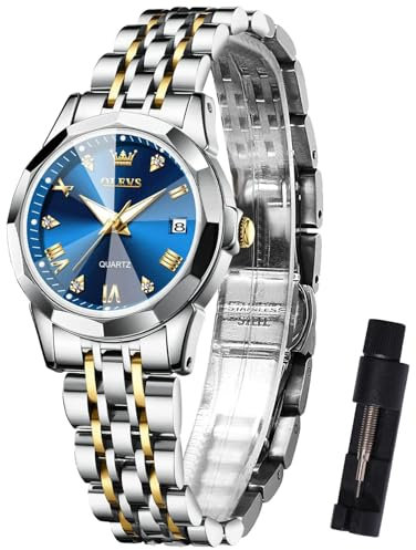 OLEVS Bicolor Damenuhr Kleine Kleid Quarz Analog Uhren Damen Edelstahl Silber Gold Wasserdicht Armbanduhr Damen Blau Zifferblatt Römische Zahlen Leuchtend Metallarmband Uhr Frauen mit Datum Geschenke