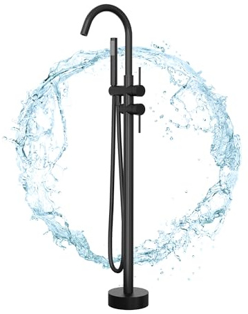SUPERFLO Free Standing Tub Faucet Matte Black Freestanding Bathtub Faucet, Freestanding Tub Fillers Brass Standing High Flow Shower Faucets, Swivel Gooseneck Spout with Cylinder Handheld