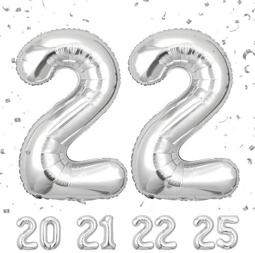 Globos de 22 cumpleaños,Plata 22 pulgadas Globo número, 22 decoraciones de Globo número cumpleaños para hombre y mujer, Globo inflable de lámina de Plata 22