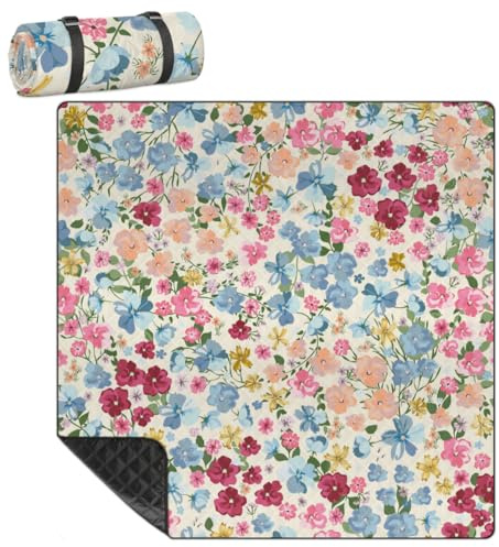 Mularoka Picknickdecke mit Blumen, wasserdicht, sanddicht, faltbar, Stranddecke, 200,7 x 200,7 cm, extra groß, tragbar, waschbar, Outdoor-Matte für Camping, Park, Gras, Wandern, Reisen
