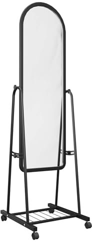 Aigentlich Rollspiegel schwenkbar, Konfektionsspiegel schwarz 158x45x52cm, Eleganter Ankleidespiegel mit Gitter-Ablageboden, bogenförmiger Schwenkspiegel