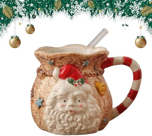LUVDECO 400ml Noël Café Mug céramique avec paille Festivals Nouveauté Mug Mignon Hiver Tasses à thé Mugs Noël Tasses café cadeau pour parents amis familles femmes hommes Filles Garçons (A)