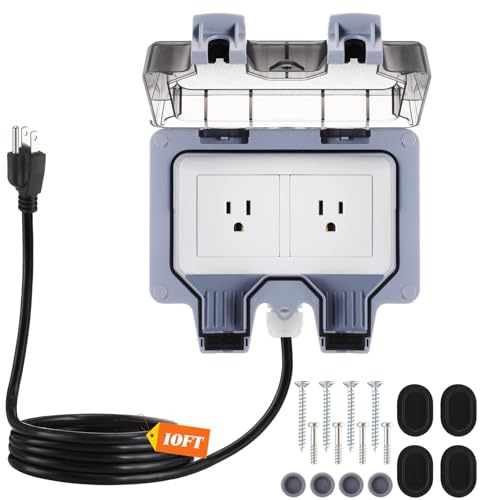 Kanayu Outdoor Outlet Box with 10ft Extension Cord, Dual 15 AMP 5-15 Receptacles Weatherproof Waterproof IP66 Outdoor Exterior Socket with Cover, 14 AWG/3C SJTW Cord