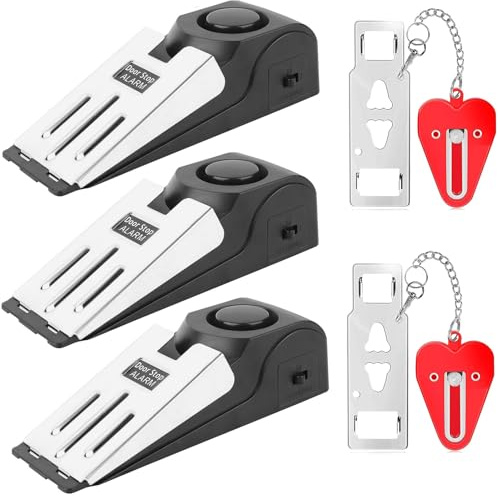 LUCKNIGHT 3 Pieces Door Stop Alarm with 2 Pieces Portable Door Lock, Non-Slip Wedge Door Stopper with 120dB, Adjustable Sensitivity, Alarm for Home Hotel Security Personal Protection