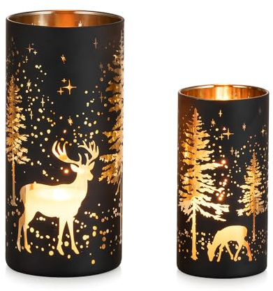Hewory 2er Set Teelichthalter Weihnachtsdeko Tisch Windlicht Schwarz Gold | Matte Finish, Gold-Innen, Hirsch Kerzenhalter für Weihnachten Deko Wohnzimmer Geschenkidee, Ø 6.5 & 8.5 cm, H.13 & 18 cm