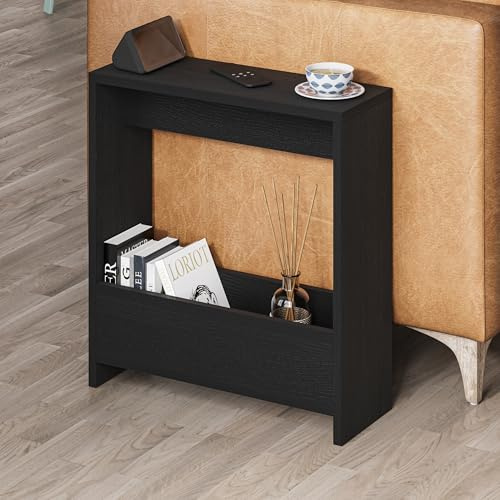 Beistelltisch mit integriertem Magazinhalter| kompakter Beistelltisch für Wohnzimmer und Büro| platzsparender End Table für kleine Räume| Magazinaufbewahrung| 20 x 55 x 60 cm (Schwarz Holz)