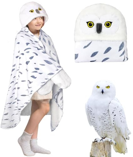 LSESEN Tragbarer Decken-Hoodie, Schneeeule-Kapuzendecke für Erwachsene, Umhang mit Handschuhen, superweiches Flanell-Eulen-Geschenk für Frauen, Erwachsene und Kinder