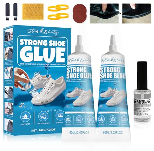 StinkBlitz Colla per Scarpe Professionale, Adesivo per Scarpe Forte, Colla Riparazione Veloce,Adesivo Non-Indurente per Suole, Trasparente per Scarpe in Pelle, Sneakers, Stivali, Tacchi (60ml*2) Shoe