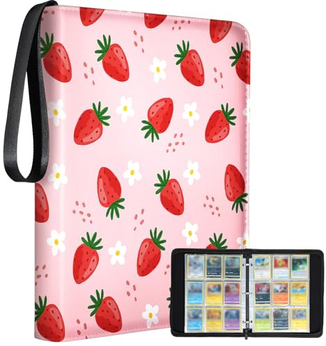 Lotadilo for 9 Pocket Card Binder Large Capacity for 900 Cards - Trading Card Collection Album Folder Double Sided Pocket with Zipper Strawberry for Girls Girly Teens for Sports Cards Game Cards