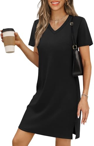 RUMIA Women's Dresses T-Shirt Black Dress V-Neck Short Sleeve Split Hem Beach Sundress Small