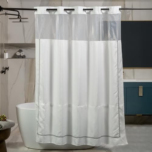 23 THREADS No Hook Shower Curtain Set White Embroidered Compact Liner