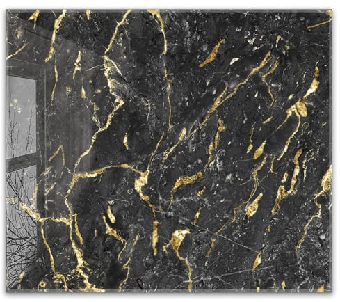 Herdabdeckplatte 60x52 cm einteilig aus 4mm ESG Glas | Schwarzer Marmor mit Gold | Herd Abdeckung Abdeckplatte Induktion Schneidebrett Glasplatte für Ceranfeld