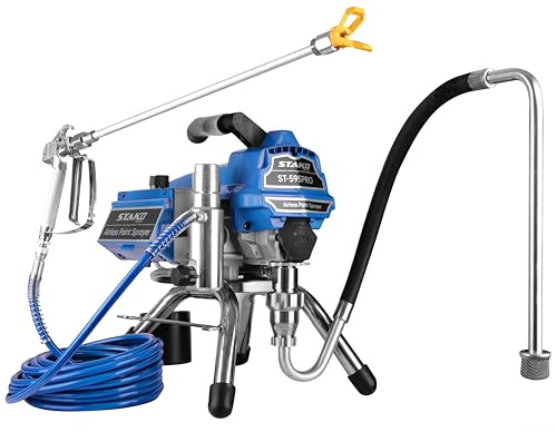 STAKO ST-595PRO Airless färgspruta 2800 W – 220 bar, 3 l/min – hydrodynamiskt färgsprutsystem för 30 000 m²/J – sprutpistol 15 m slang + förlängning – för inomhus- och utomhusbruk, vatten/lossning
