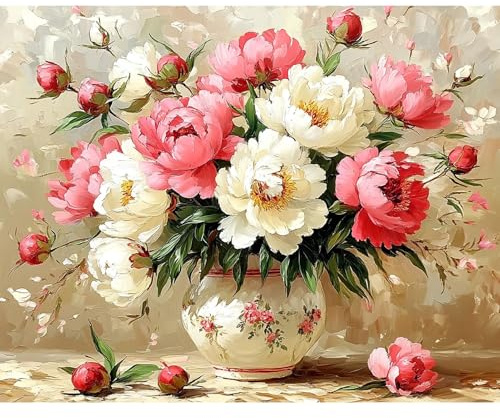 DAERLE Peinture Numero Adulte, Pivoines en fleurs, DIY Peinture Acrylique pour Adultes, Fleurs roses et blanches, Coloriage Par Numero la Décoration de la Maison 50x40cm (sans Cadre)