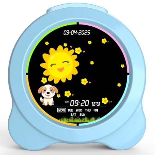 Kinderwecker Sonne & Mond LED-Anzeige mit Tag & Datum OK to Wake Uhr mit Nachtlicht für Kinder Kinder Schlaftrainer Geschenk für Jungen und Mädchen (Blau)