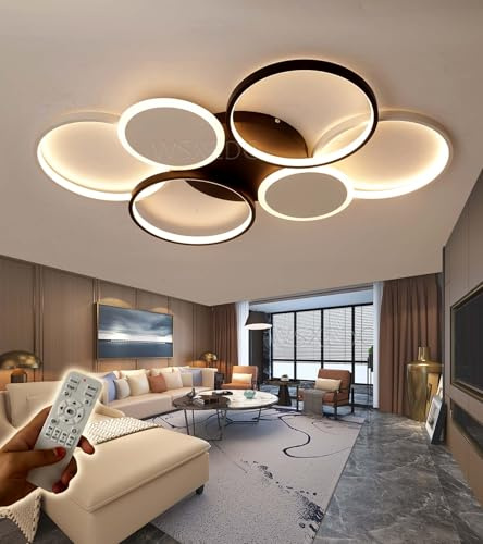 WSXEDC Dimmbare LED ring Großes Wohnzimmer Deckenleuchte 6 Flammen Modern Deckenlampe Augenpflege Acryl Deckenbeleuchtung Für Wohnzimmer Schlafzimmer Büro Aktivitätsraum (Schwarz Weiß, L110cm 113W)